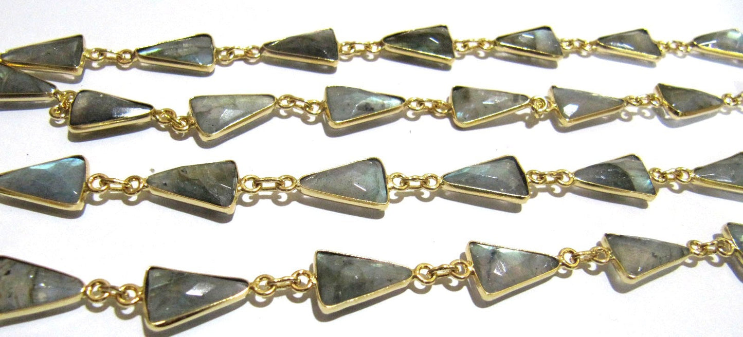 Natural Labradorite Trillion Triangle Shape Briolette Bezel Connector Chain 9x13mm Gold Plated Sold Per Foot Handmade Chain