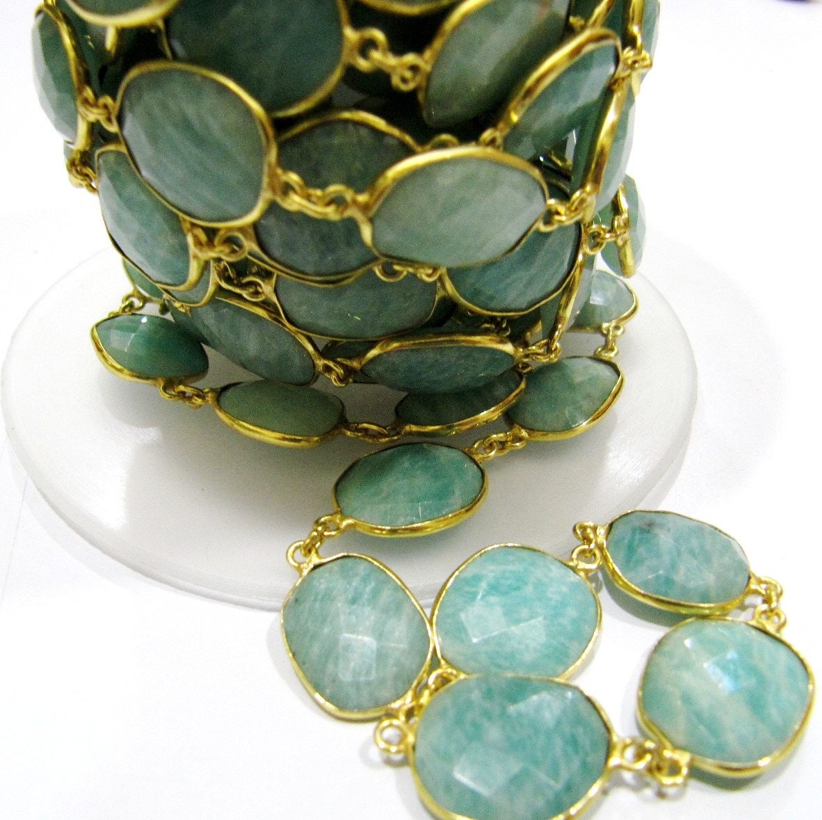 Natural Amazonite Uneven Shape Briolette Connector Chain Size 15x18mm  Gold Plated Sold Per Foot High Quality Beads Wholesale prices