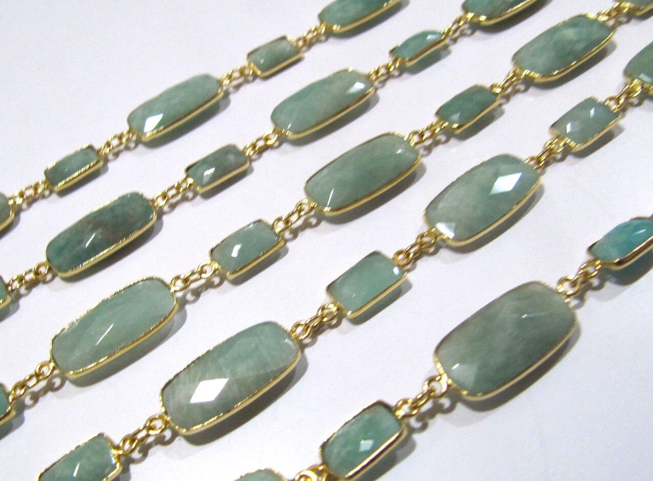 Natural Amazonite Rectangle Shape Briolette Alternate sizes Bezel Connector Link Chain Sold Per Foot High Quality Wholesale Prices