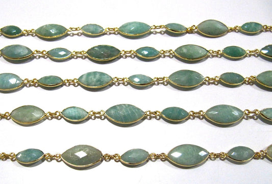 Natural Amazonite Marquise Shape Laser Cut Briolette Connector Chain Gold Plated Sold Per Foot High Quality Wholesale Prices Jewelry chain