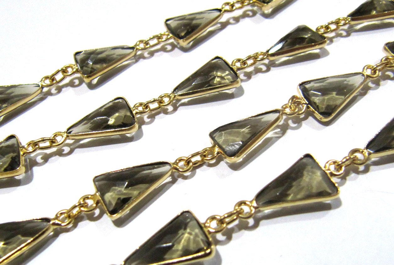Natural Smoky Quartz Trillion Shape Briolette Faceted Bezel Connector Chain 10x13mm Gold Plated Sold Per Foot High Quality jewelry making