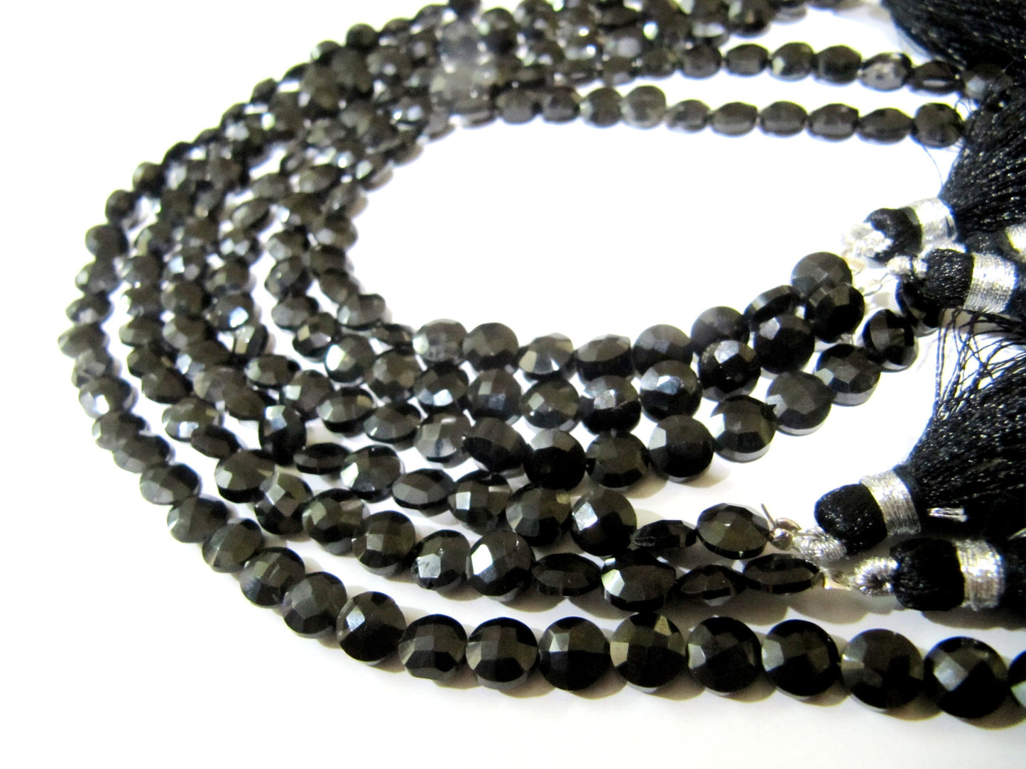 Natural Black Spinel  Round Coin shape Faceted Beads 4mm  Strand 8 inches Long Wholesale Prices Jewelry Making Gemstone Beads