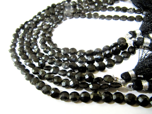 Natural Black Spinel  Round Coin shape Faceted Beads 4mm  Strand 8 inches Long Wholesale Prices Jewelry Making Gemstone Beads