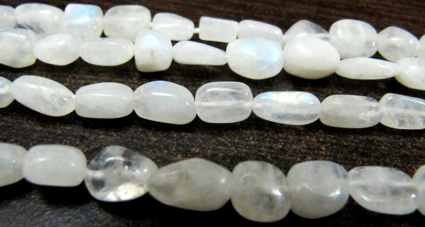 Natural white Rainbow Moonstone Nugget Tumbled Plain Beads 10 to15mm Strand 8 inch long High Quality Blue Flashy Beads Wholesale Prices