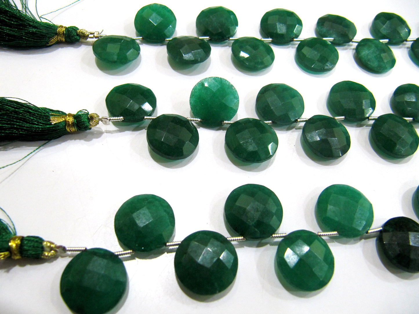 Emerald Corundum Round Coin Shape Briolette  Faceted Beads  15 mm  Sold per strand  8 inches long Top Quality green gemstone