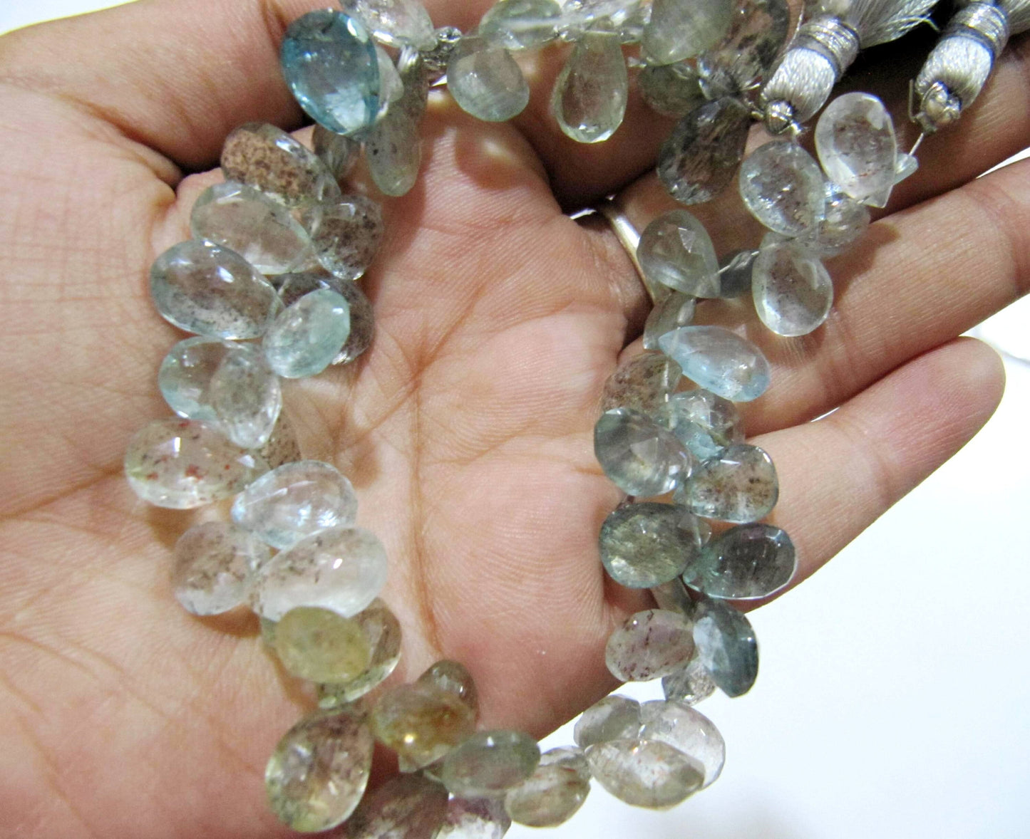 Natural Moss Aquamarine Pear Shape Faceted  6x9mm to 7x11 mm Gemstone Morganite Beads Strand 9 inch long High Quality Wholesale Prices