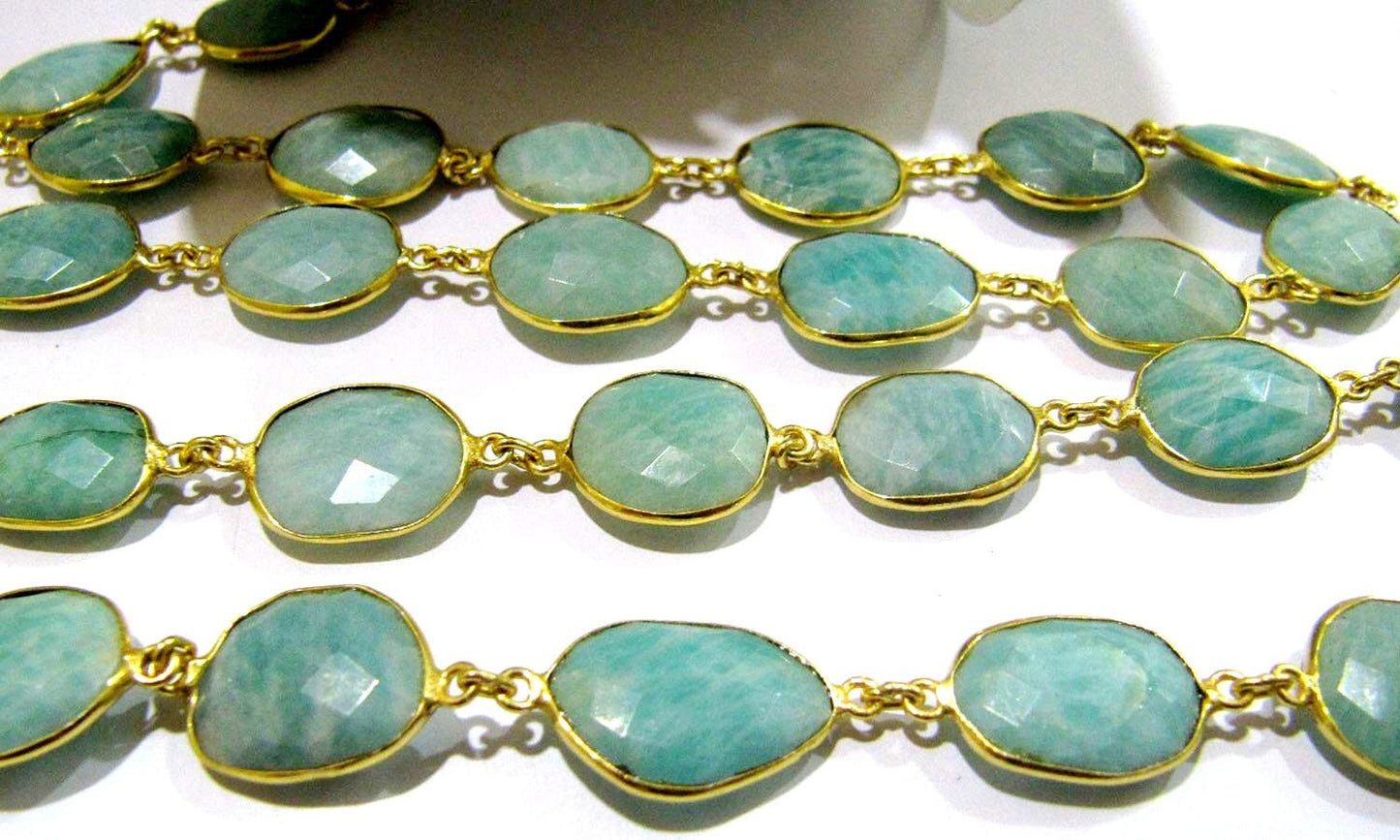 Natural Amazonite Free Shape Briolette Faceted Bezel Connector Chain 15 to 18mm Gold Plated Sold Per Foot High Quality Beads Wholesale price