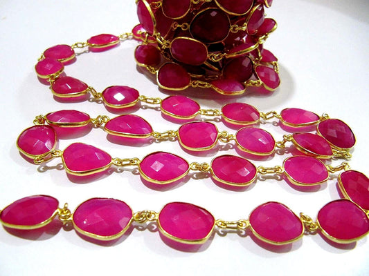 Natural Hot Pink Chalcedony Free Shape Briolette Faceted Bezel Connector Chain 15x20mm Sold Per Foot High Quality Wholesale