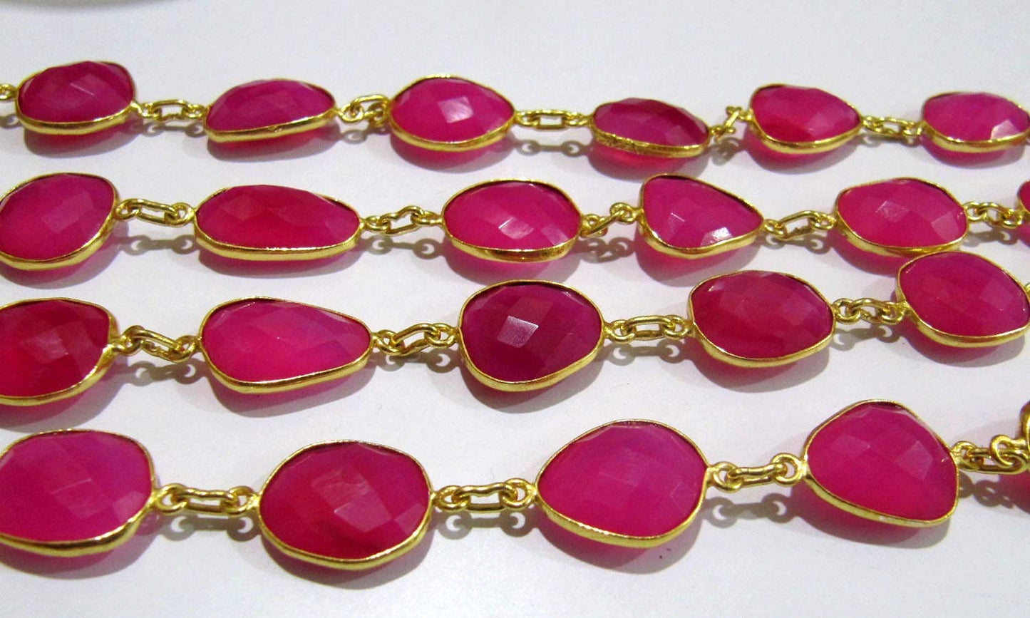 Natural Hot Pink Chalcedony Free Shape Briolette Faceted Bezel Connector Chain 15x20mm Sold Per Foot High Quality Wholesale