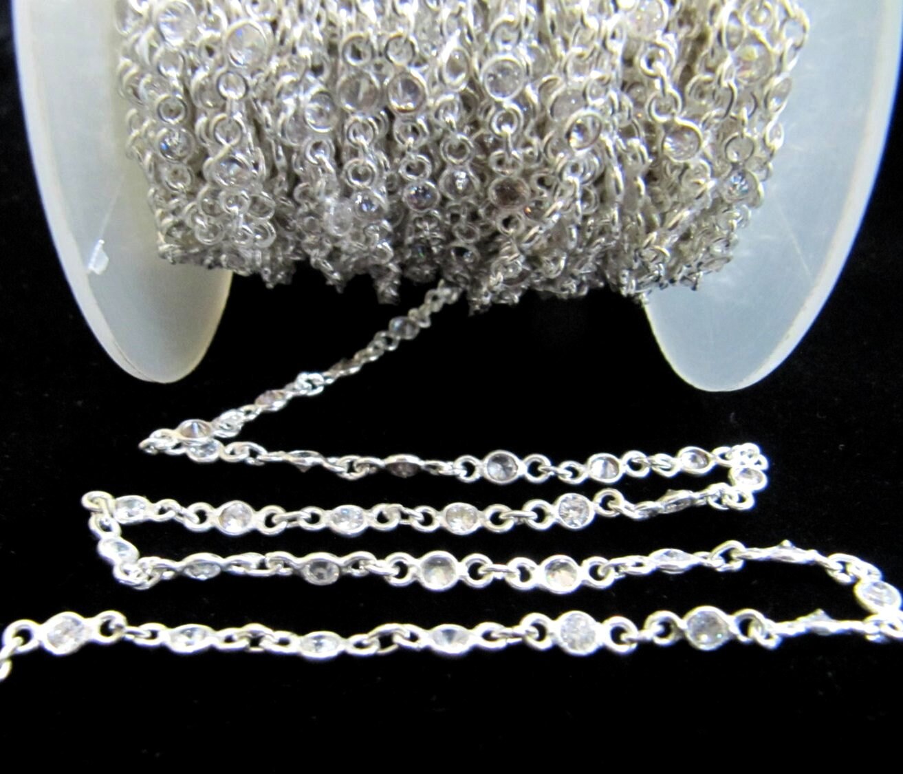 92.5% Sterling Silver White Round Cubic Zirconia 3mm bezel Connector Chain Sold Per Feet Top Quality Wholesale Price Jewelry making chain