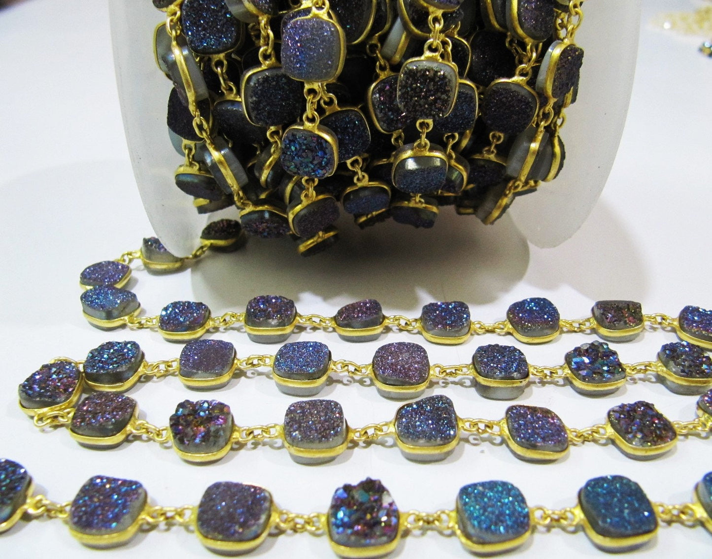 Natural Druzy Cushion Shape Size 10 mm Titanium AB Coated Bezel Connector Gold Plated Chain Sold Per Foot High Quality Wholesale Prices