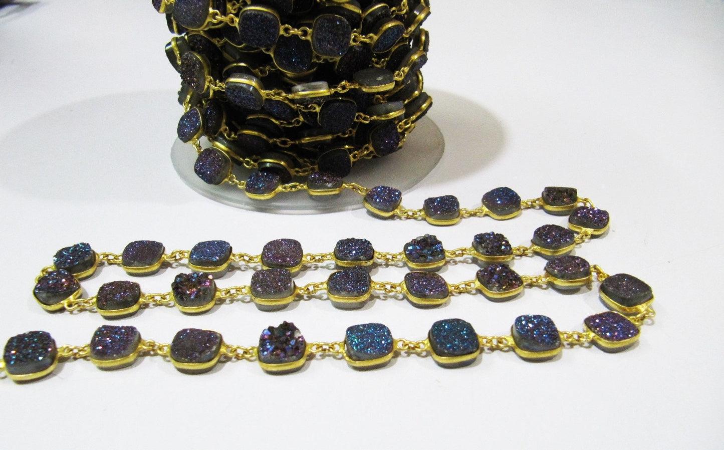 Natural Druzy Cushion Shape Size 10 mm Titanium AB Coated Bezel Connector Gold Plated Chain Sold Per Foot High Quality Wholesale Prices