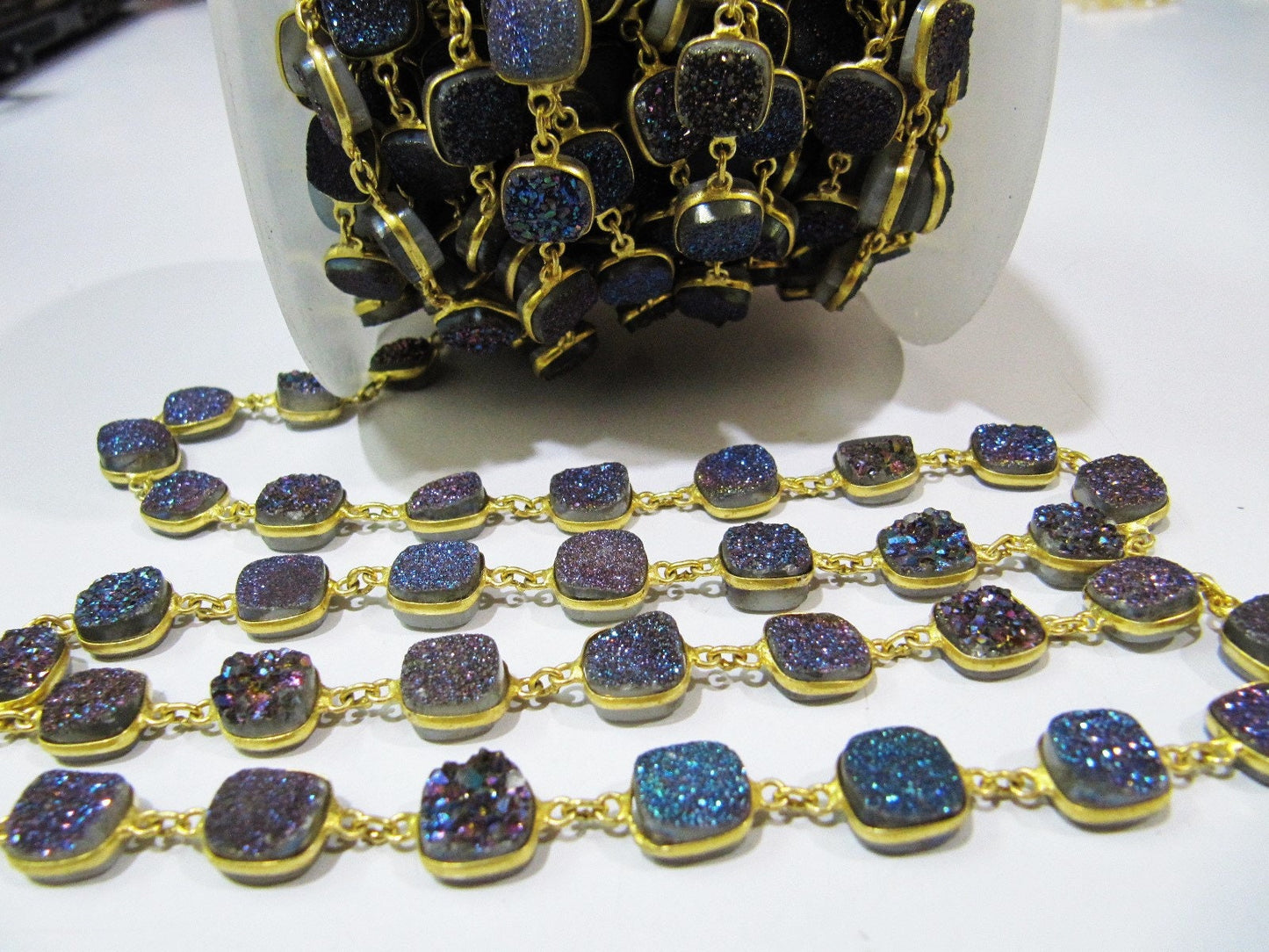 Natural Druzy Cushion Shape Size 10 mm Titanium AB Coated Bezel Connector Gold Plated Chain Sold Per Foot High Quality Wholesale Prices