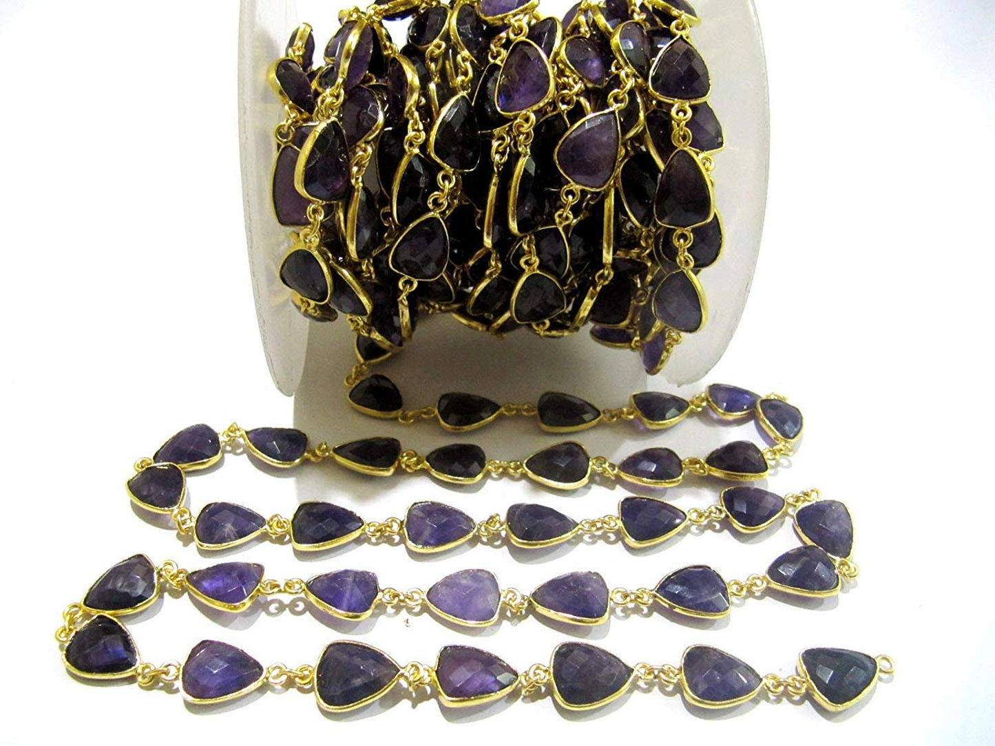 Natural Amethyst Trillion Shape Briolette Faceted Bezel Connector Chain 10x13mm Gold Plated Sold Per Foot High Quality Wholesale Prices