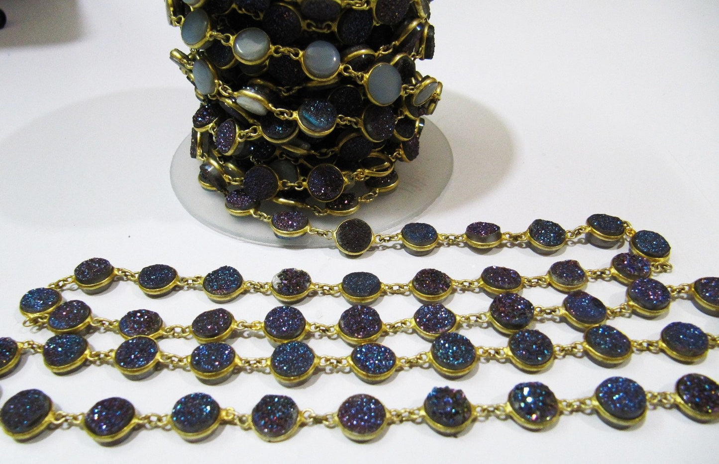 Natural Druzy Round Coin Shape Size 10 mm Titanium AB Coated Bezel Connector Gold Plated Chain Sold Per Foot High Quality Wholesale Prices