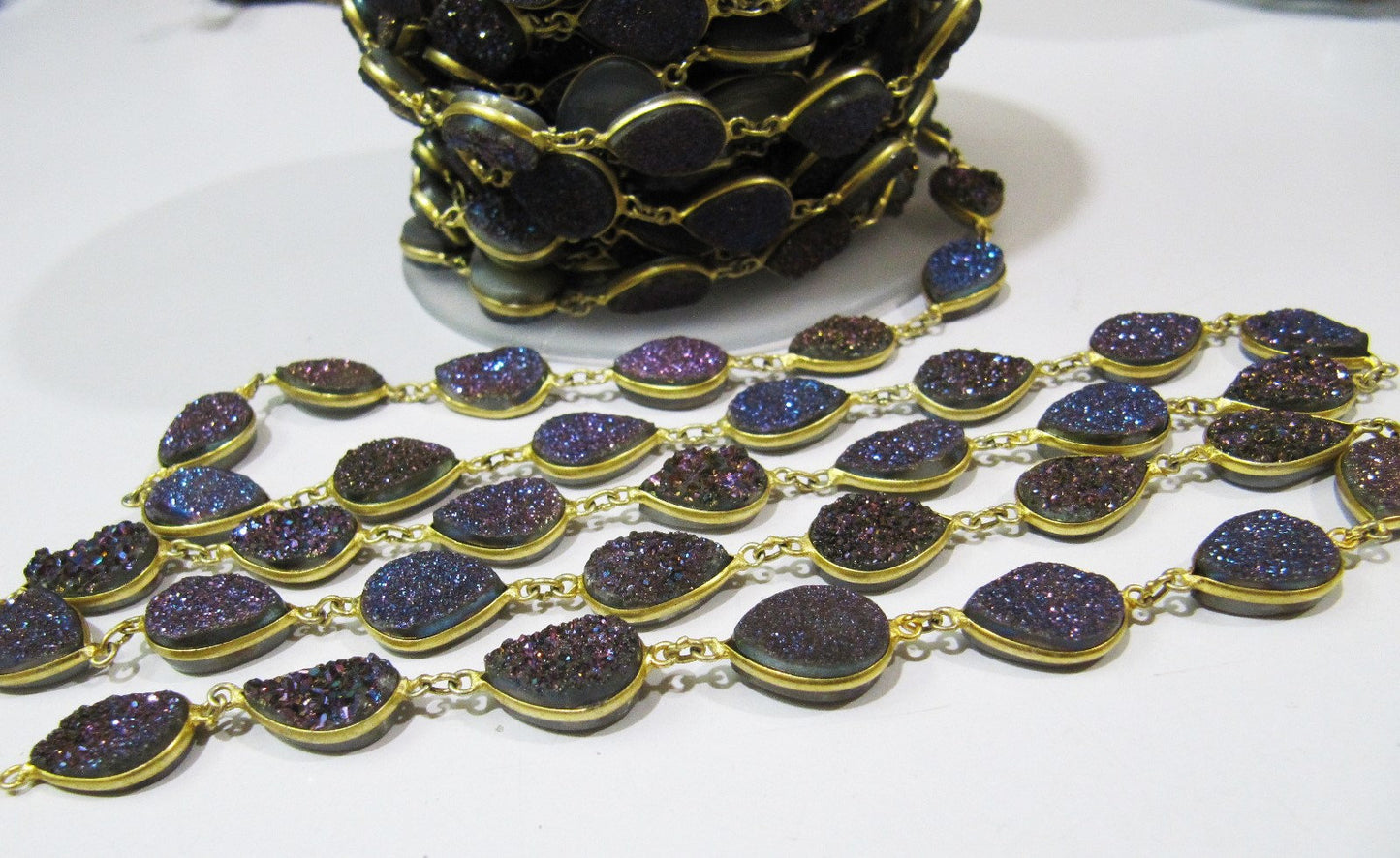 Natural Druzy Pear Shape Size 10x15 mm Titanium AB Coated Bezel Connector Gold Plated Chain Sold Per Foot High Quality Wholesale Prices