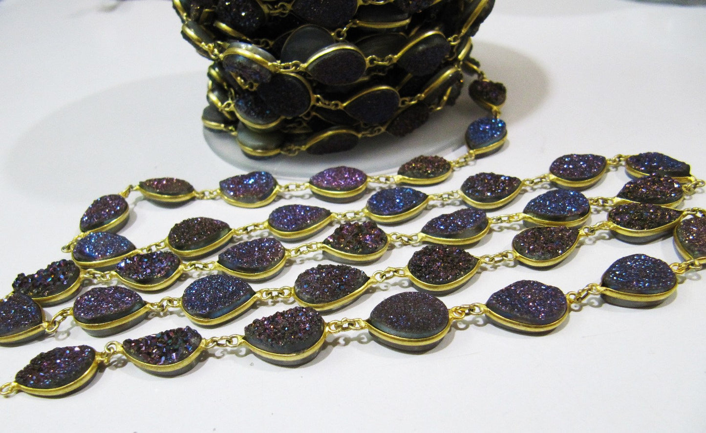 Natural Druzy Pear Shape Size 10x15 mm Titanium AB Coated Bezel Connector Gold Plated Chain Sold Per Foot High Quality Wholesale Prices