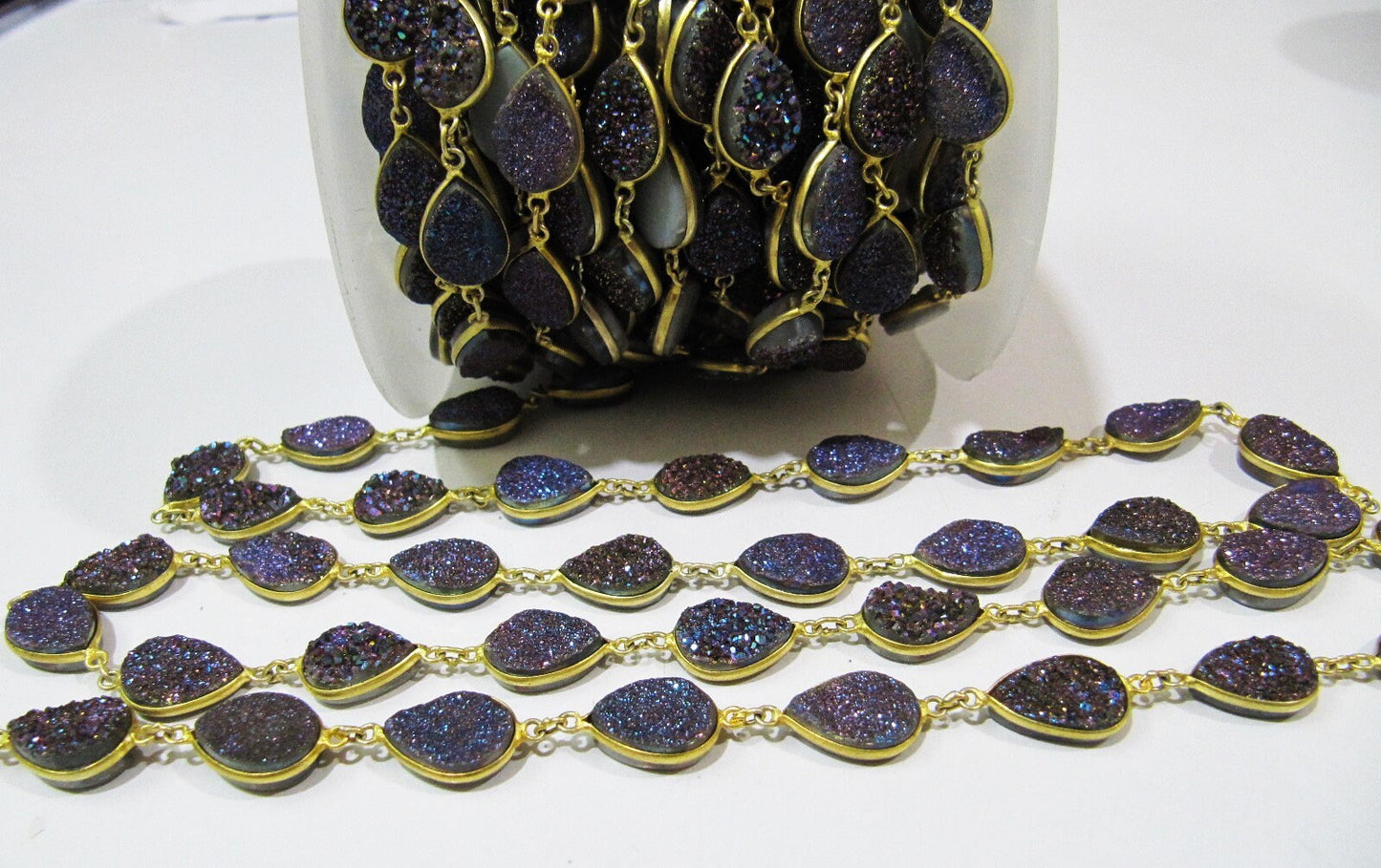 Natural Druzy Pear Shape Size 10x15 mm Titanium AB Coated Bezel Connector Gold Plated Chain Sold Per Foot High Quality Wholesale Prices
