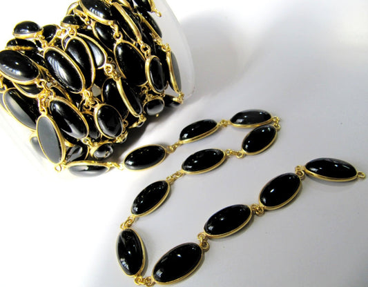 Natural Black Spinel Oval Shape Plain Smooth 8x15mm Bezel Cabochon Connector Chain Sold Per Foot High Quality Wholesale Prices Jewelry chain
