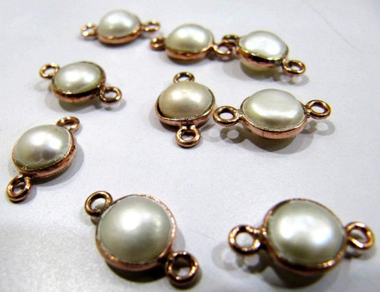 5 Pcs Set- Natural Pearl Coin Shape 8 mm Connectors , Rose Gold Plated Double Loop Bezel ,Pearl Jewelry Round  Shape Cabochon