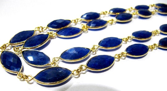 Blue Sapphire Marquise Shape Briolette Faceted Bezel Connector Chain 9x15mm Gold Plated Sold Per Foot High Quality Wholesale Prices Chain