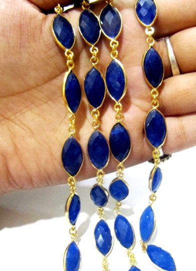 Blue Sapphire Marquise Shape Briolette Faceted Bezel Connector Chain 9x15mm Gold Plated Sold Per Foot High Quality Wholesale Prices Chain