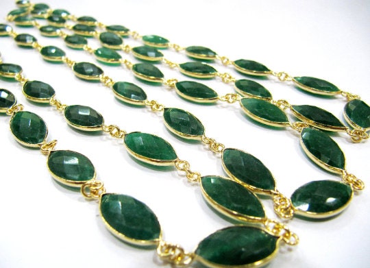 Emerald Marquise Shape Briolette Faceted Bezel Connector Chain 9x15mm Gold Plated Sold Per Foot Wholesale Prices Chain