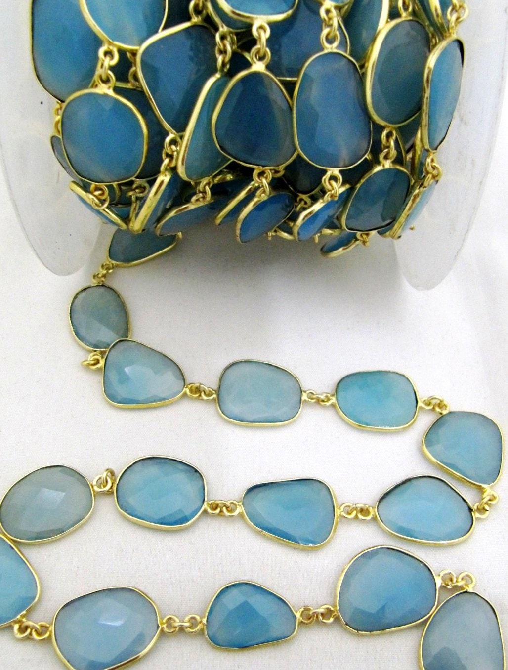 Natural Aqua Blue Chalcedony Free Shape Briolette Faceted Bezel Connector Chain 15to20mm Plated Sold Per Foot High Quality  Wholesale price