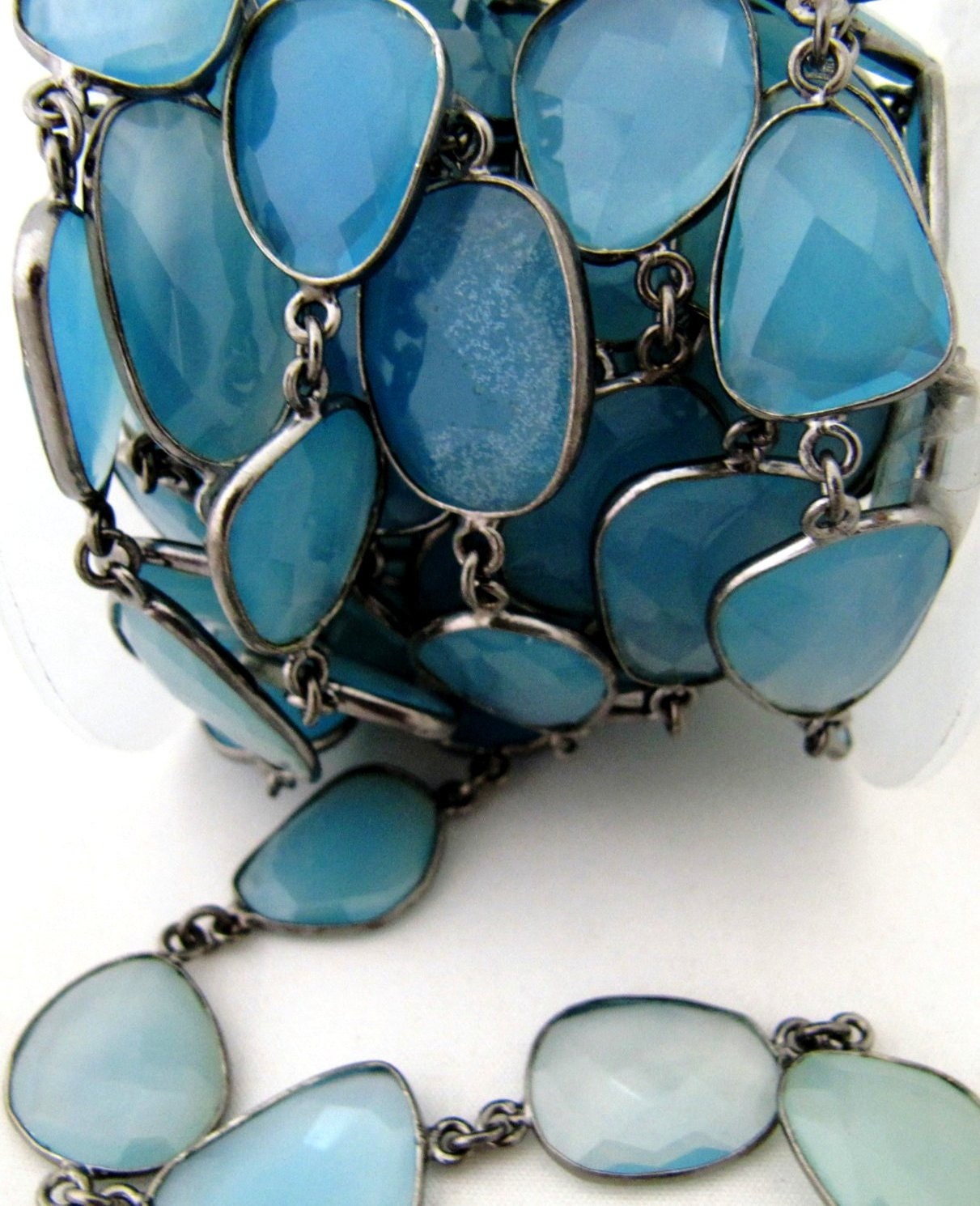 Natural Aqua Blue Chalcedony Free Shape Briolette Faceted Bezel Connector Chain 15to20mm Plated Sold Per Foot High Quality  Wholesale price
