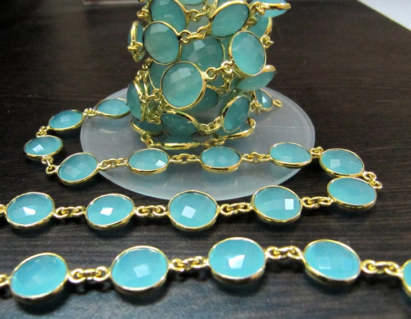 Natural Aqua Chalcedony Round coin Shape 11mm Briolette Faceted Bezel Connector Chain Sold Per Foot High Quality  Wholesale price