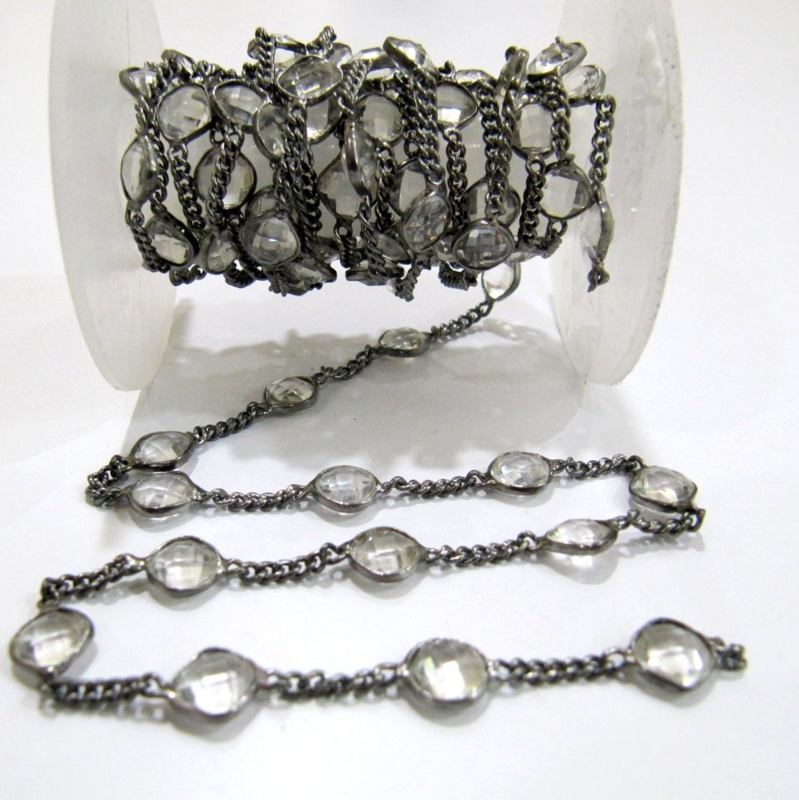 Natural Rock Crystal Quartz Cushion Shape 10mm Briolette Faceted Bezel Connector Chain Sold Per Foot High Quality Wholesale Prices