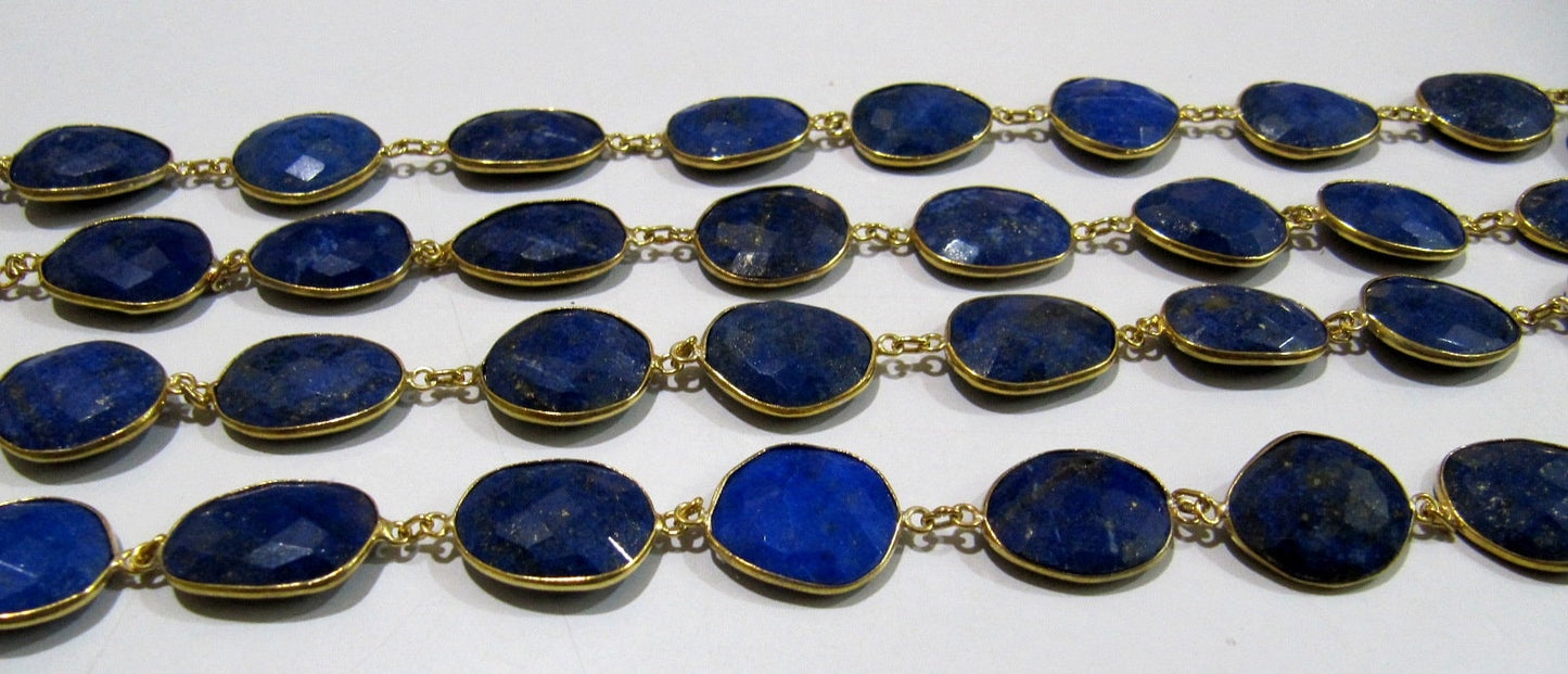 Natural Lapis Lazuli Free Shape Briolette Faceted Bezel Connector Chain 15to20mm Plated Sold Per Foot High Quality  Wholesale price