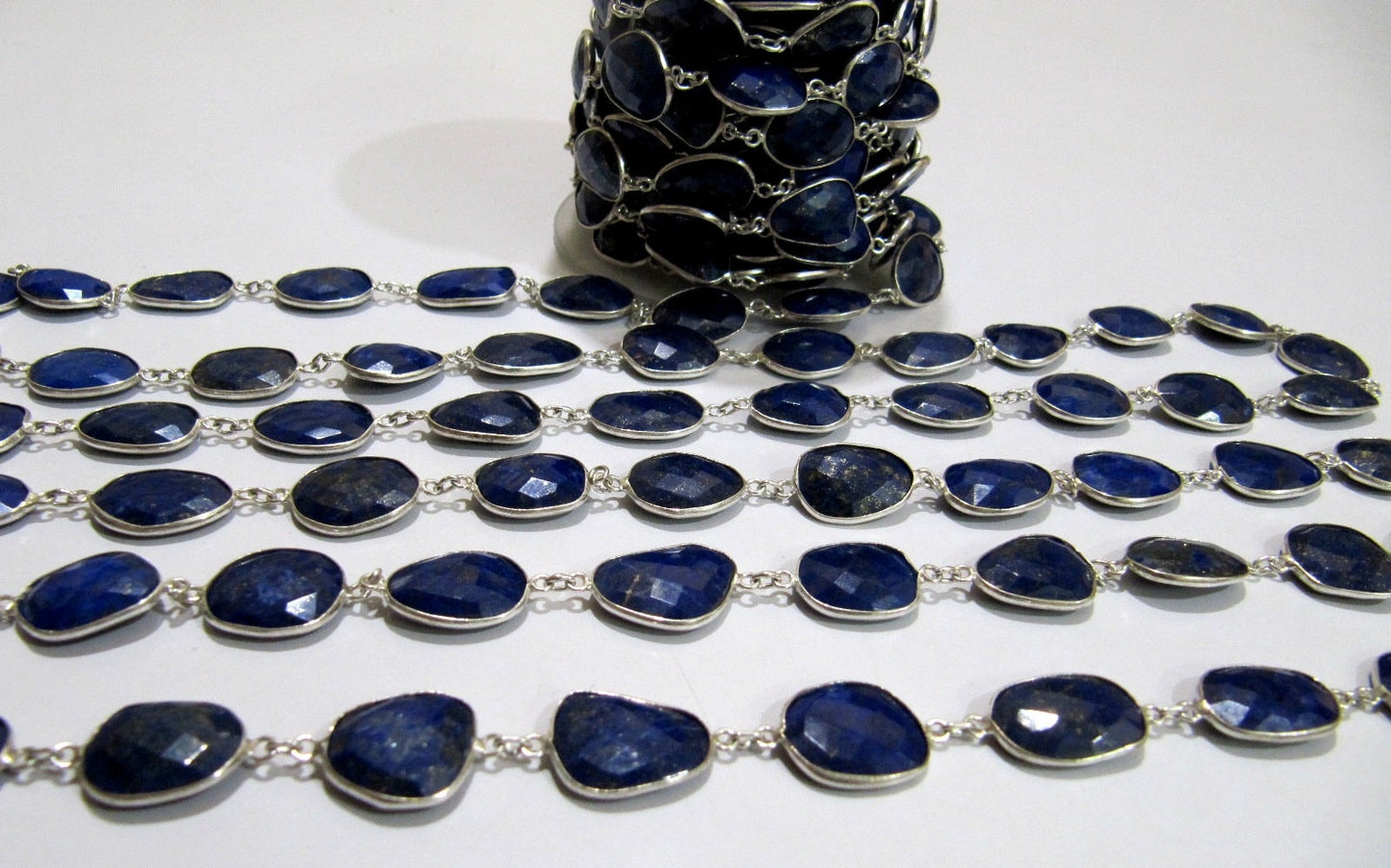 Natural Lapis Lazuli Free Shape Briolette Faceted Bezel Connector Chain 15to20mm Plated Sold Per Foot High Quality  Wholesale price