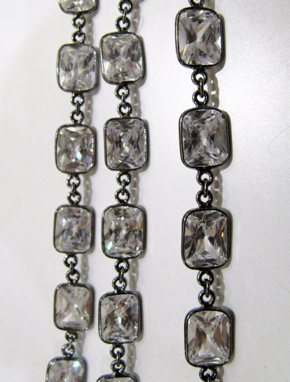 Natural White Cushion Shape Cubic Zirconia 8x10mm bezel Connector Chain Sold Per Feet Top Quality Wholesale Price
