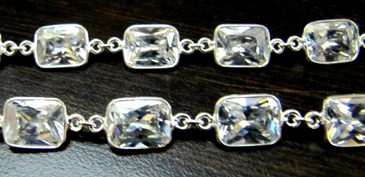 Natural White Cushion Shape Cubic Zirconia 8x10mm bezel Connector Chain Sold Per Feet Top Quality Wholesale Price