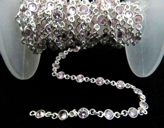 92.5% Sterling Silver Pink Round Cubic Zirconia 3mm bezel Connector Chain Sold Per Feet Top Quality Wholesale Price Jewelry making chain
