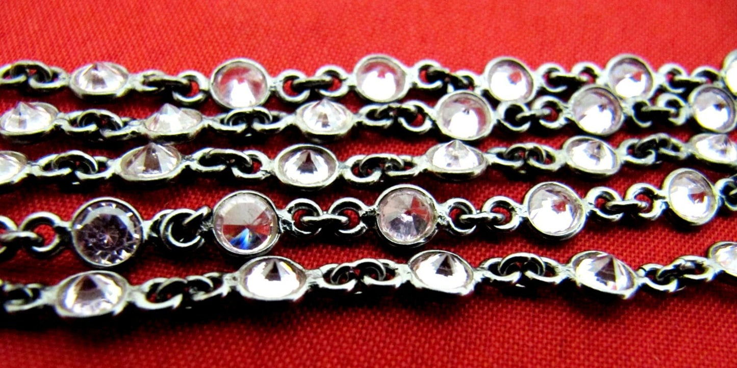 92.5% Sterling Silver Pink Round Cubic Zirconia 3mm bezel Connector Chain Sold Per Feet Top Quality Wholesale Price Jewelry making chain