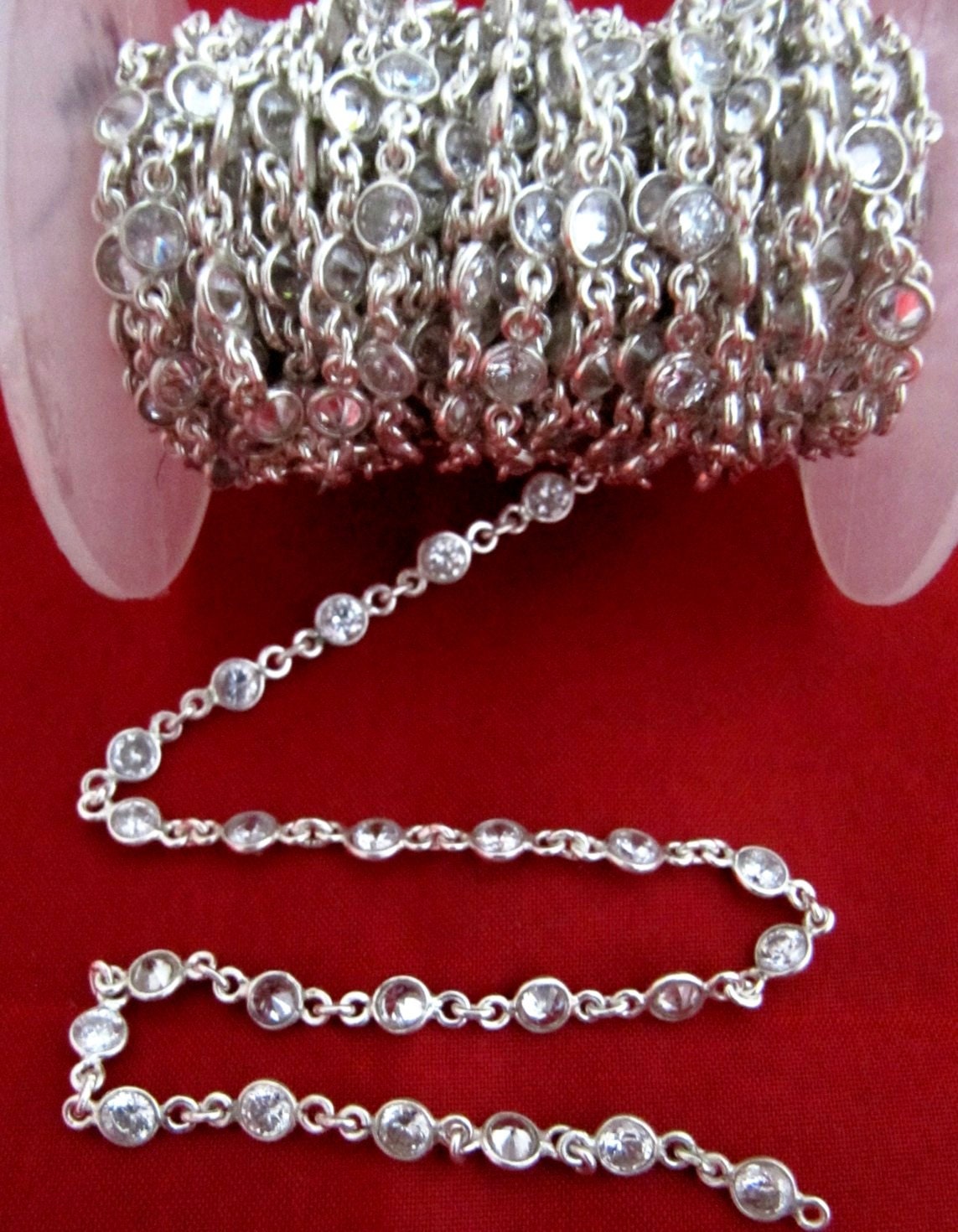 92.5% Sterling Silver White Round Cubic Zirconia 4mm bezel Connector Chain Sold Per Feet Top Quality Wholesale Price Jewelry making chain
