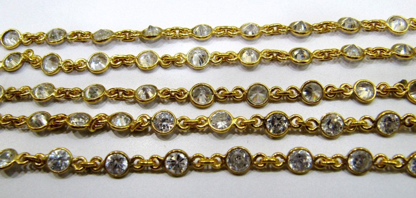 92.5% Sterling Silver White Round Cubic Zirconia 4mm bezel Connector Chain Sold Per Feet Top Quality Wholesale Price Jewelry making chain
