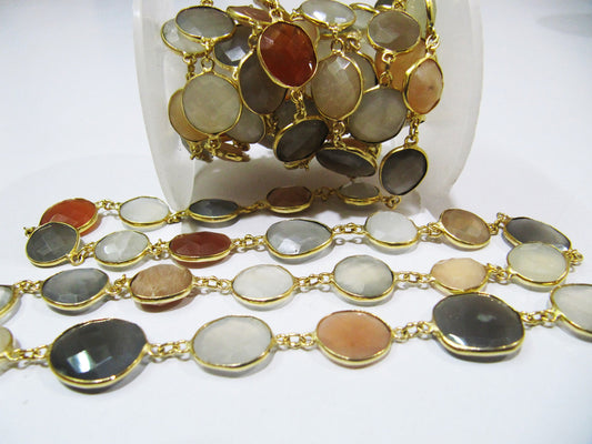 Natural Multi Moonstone Nugget Briolette Connector Chain Uneven Free Shape  12 to 17mm Bezel chain  Sold Per Foot High Quality Beads
