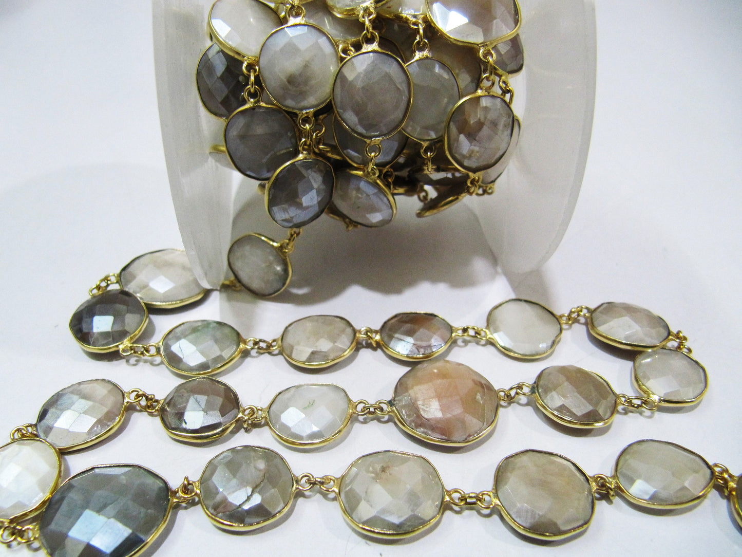 Natural Multi Moonstone AB Mystic Coated Nugget Briolette Connector Chain Uneven Free Shape  12 to 15mm  Plated Sold Per Foot High quality