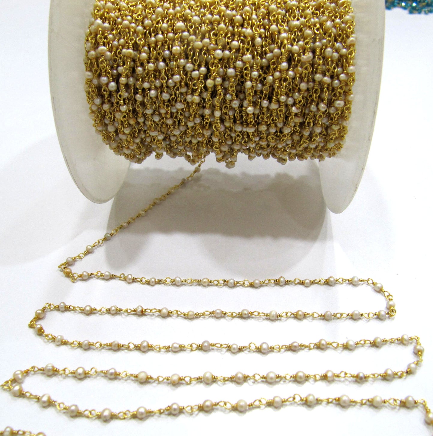3-Feet Natural White Pearl 2mm Rondelle Beads Gold Plated Rosary Beaded Chain  High Quality Wholesale Prices Jewelry making Chain