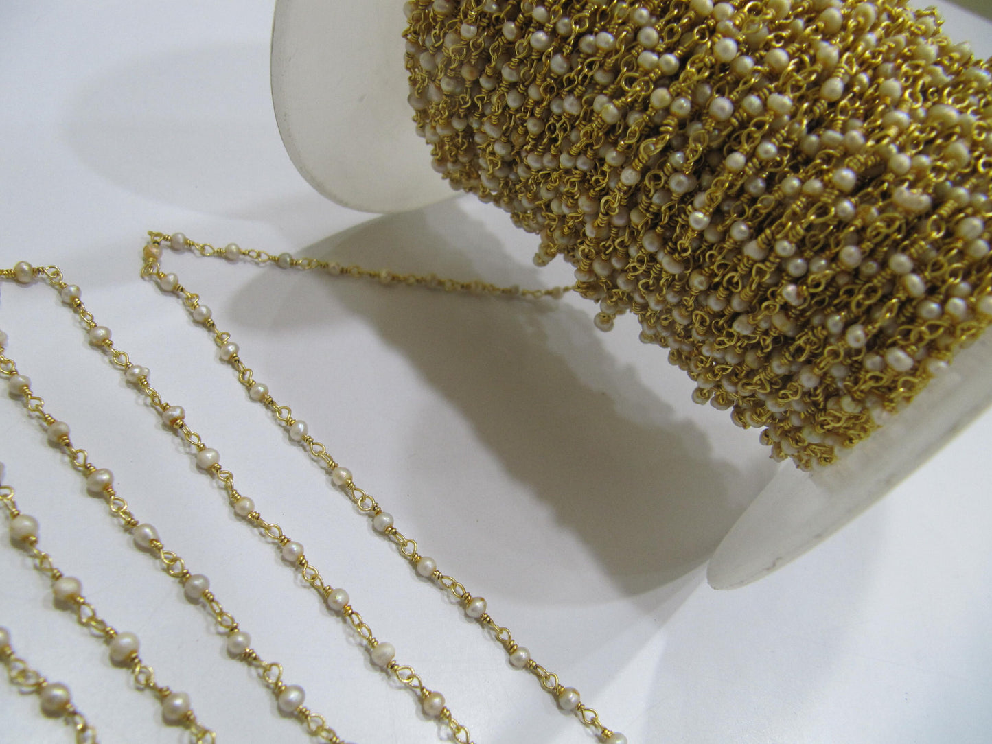 3-Feet Natural White Pearl 2mm Rondelle Beads Gold Plated Rosary Beaded Chain  High Quality Wholesale Prices Jewelry making Chain