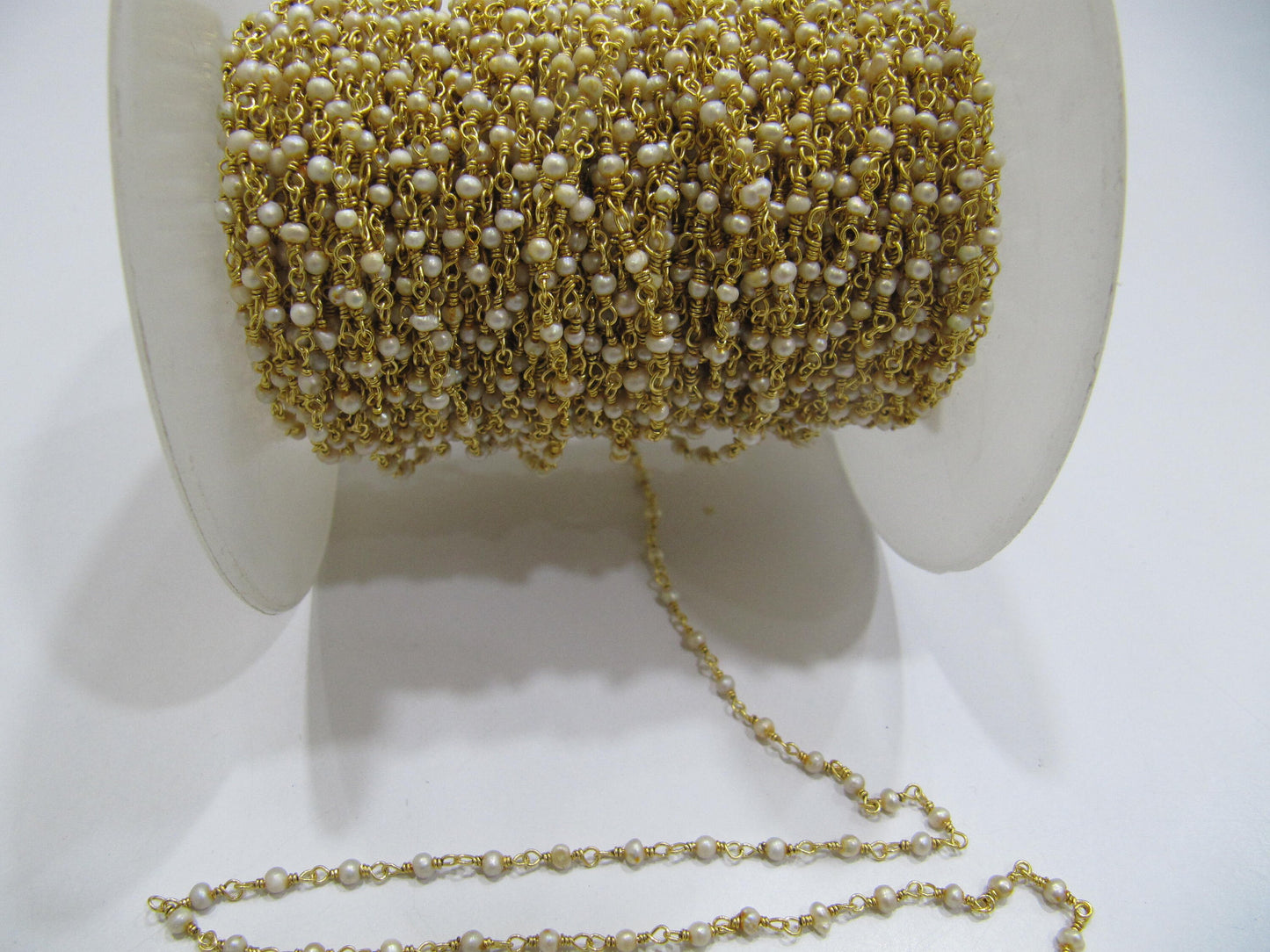 3-Feet Natural White Pearl 2mm Rondelle Beads Gold Plated Rosary Beaded Chain  High Quality Wholesale Prices Jewelry making Chain