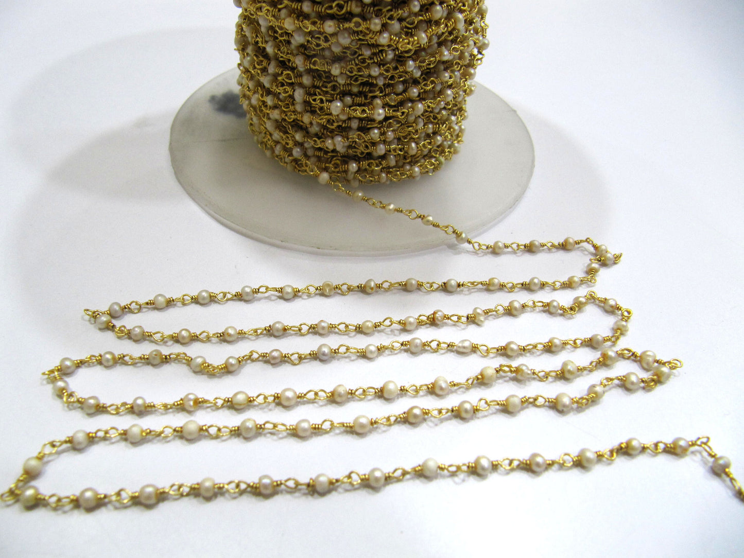 3-Feet Natural White Pearl 2mm Rondelle Beads Gold Plated Rosary Beaded Chain  High Quality Wholesale Prices Jewelry making Chain