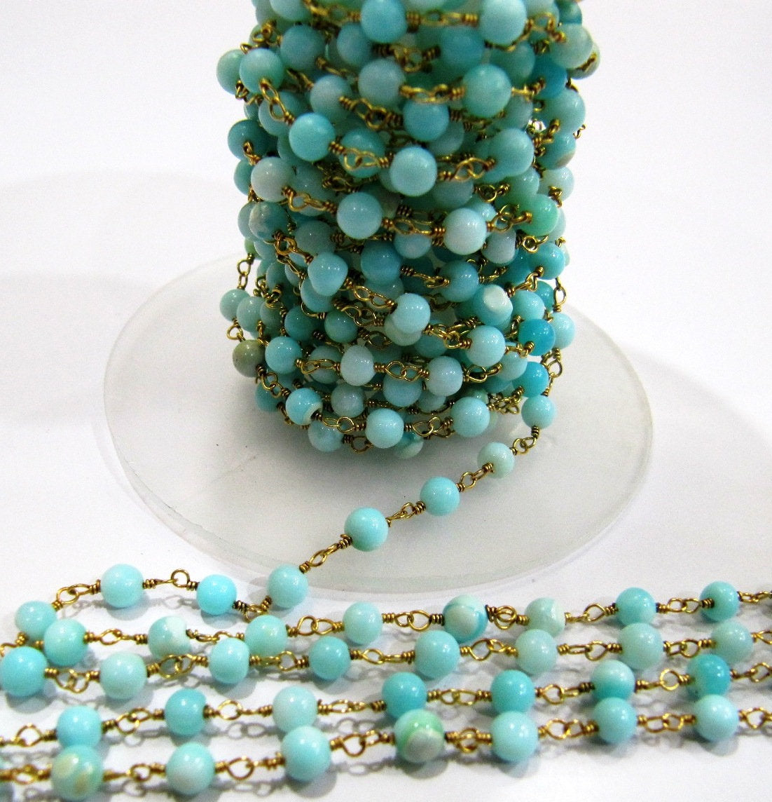Natural Blue Opal  Round 3-4mm Plain Smooth Beaded Rosary Chain  High Quality Wholesale Price Jewelry making chains Sold per foot