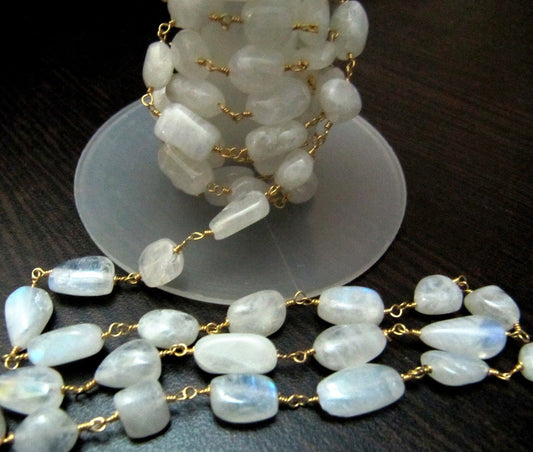 Natural White Rainbow Moonstone Tumbled Nugget Shape Plain Smooth Beaded Rosary Chain Sold Per Foot High Quality Handmade Chain Per FOOT