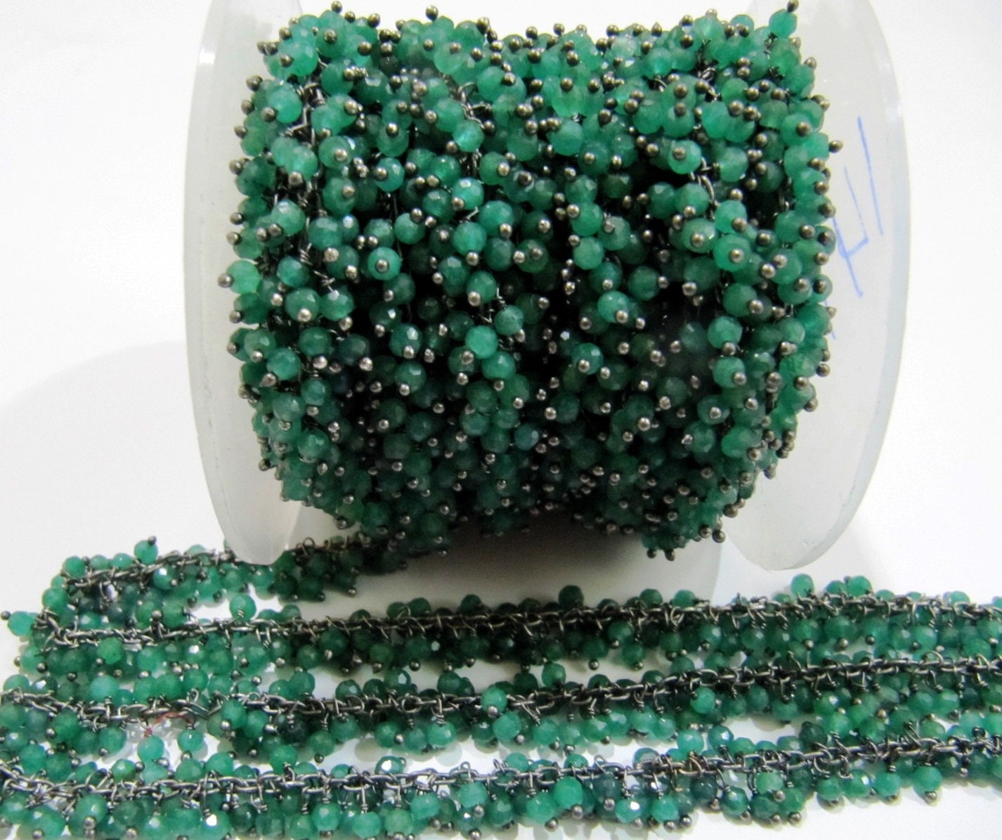 Emerald Rondelle Faceted 3-4mm Rosary Chain Size Wire Wrapped Grape Beaded Chain Sold Per Foot Wholesale Price Handmade Dangling Chain