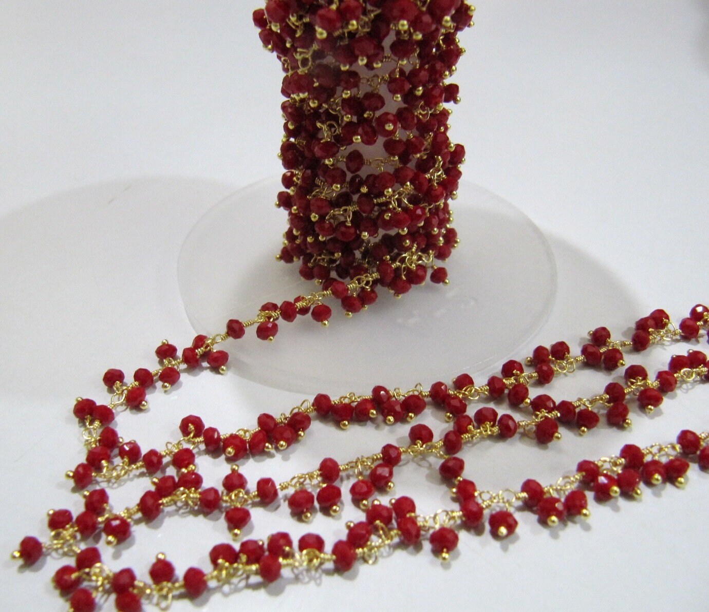 Red Coral 3mm Rondelle Faceted Hydro Quartz Beads Dangling Beaded Chain Wire Wrapped Cluster Handmade  Stone Chains sold per foot