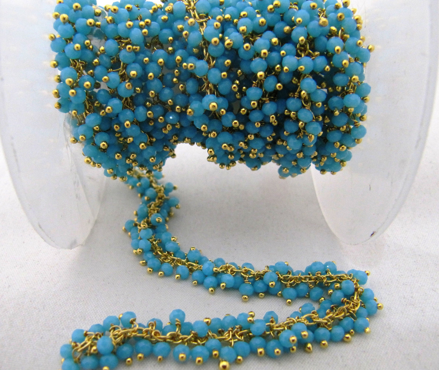 Aqua Chalcedony Hydro Quartz Rondelle Faceted 3mm Beads Cluster Dangling Chain Wire Wrapped Grape Beaded Rosary chain sold per foot